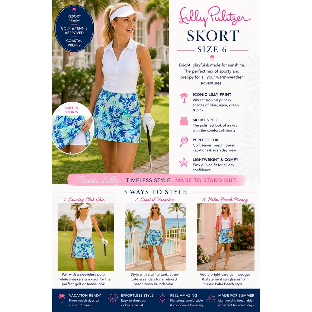 Lilly Pulitzer Skort SZ6 Blue Green Tropical Golf Tennis Resort Preppy
